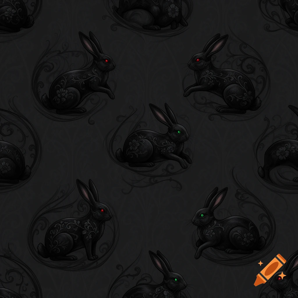 A dark gothic repeating pattern featuring black rabbits with floral designs and glowing red and green eyes against a swirling charcoal background.