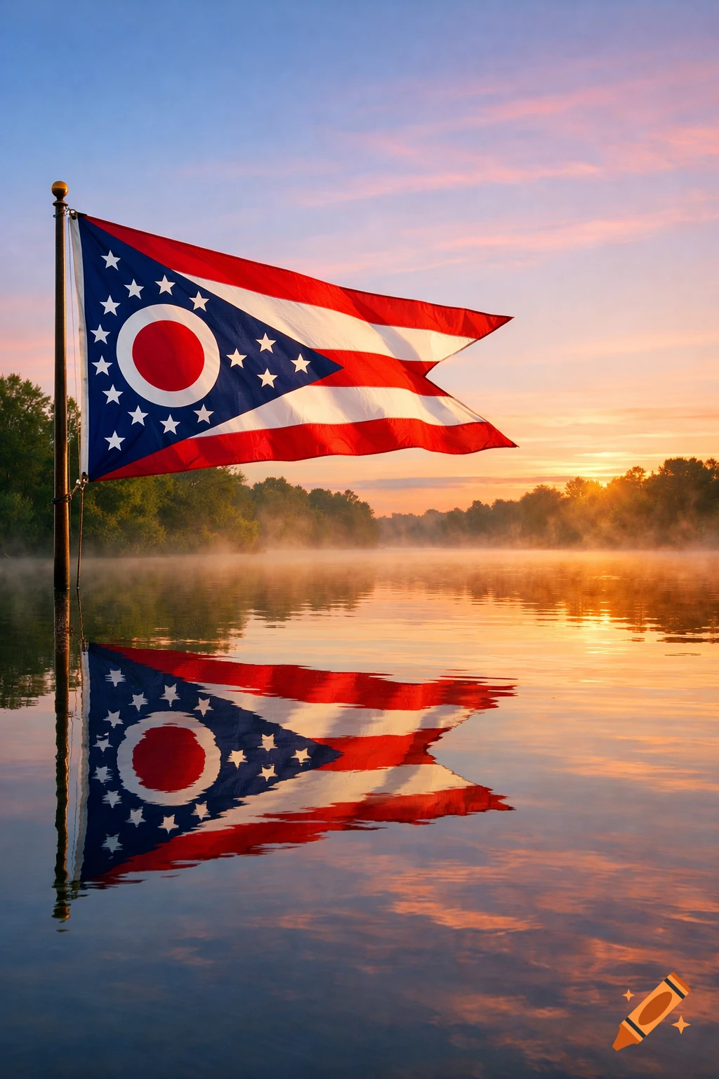 The Ohio state flag flies over a misty lake at sunrise, with its reflection visible in the water and a treeline in the background.