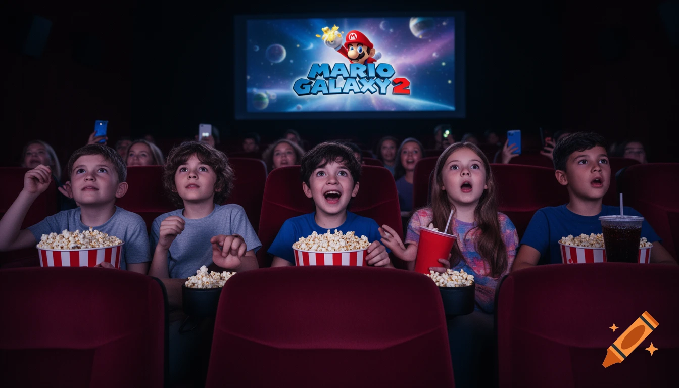 Five excited children in a cinema, with popcorn and drinks, watching 'Mario Galaxy 2' on the big screen.