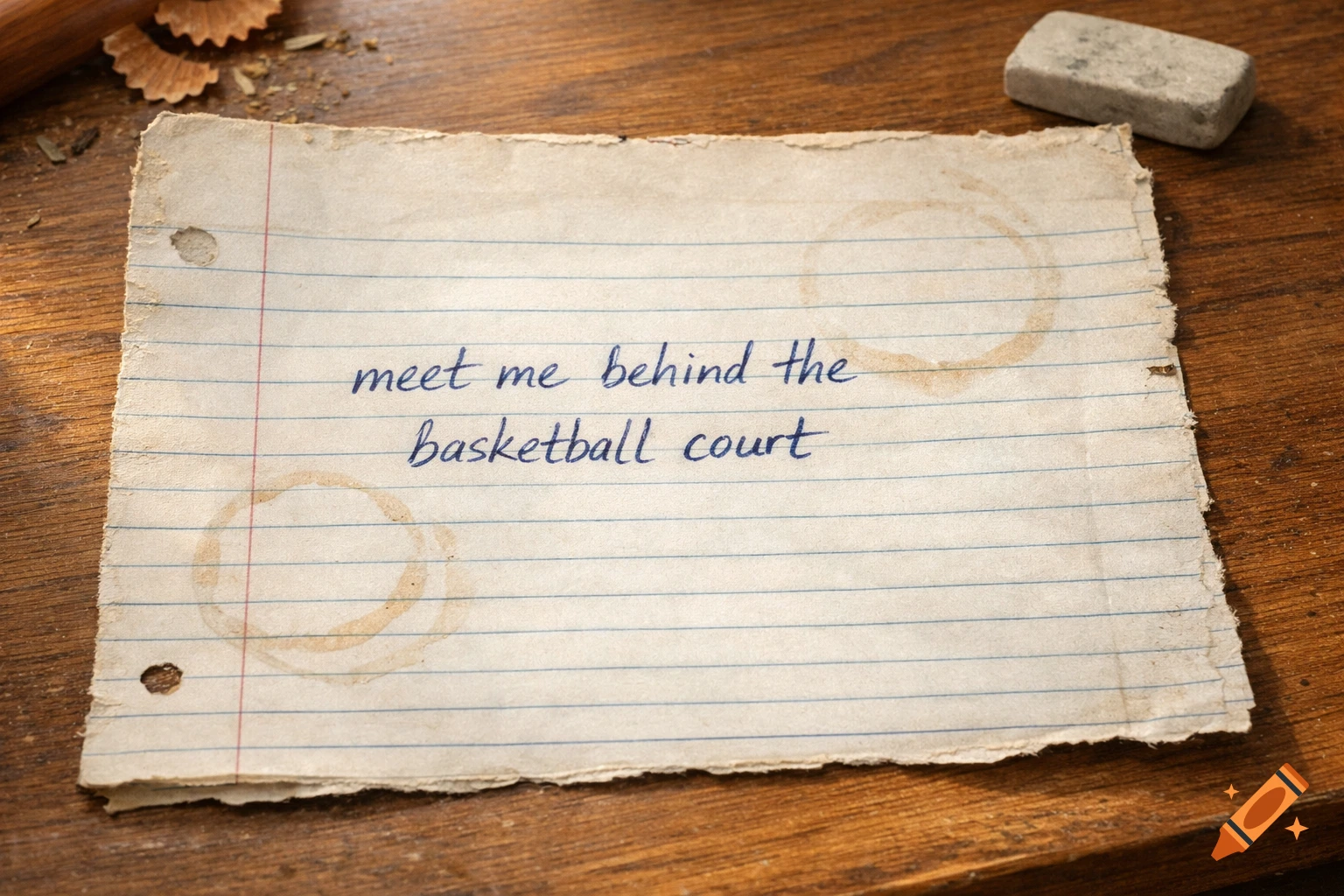 A handwritten note on old lined paper with coffee stains reads 'meet me behind the basketball court,' next to a pencil eraser and shavings on wood.