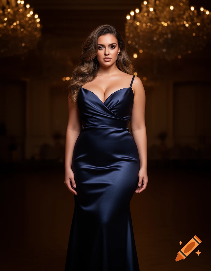 Photorealistic portrait of a woman with long wavy brown hair wearing a navy blue satin gown in a dimly lit luxurious room with chandeliers.