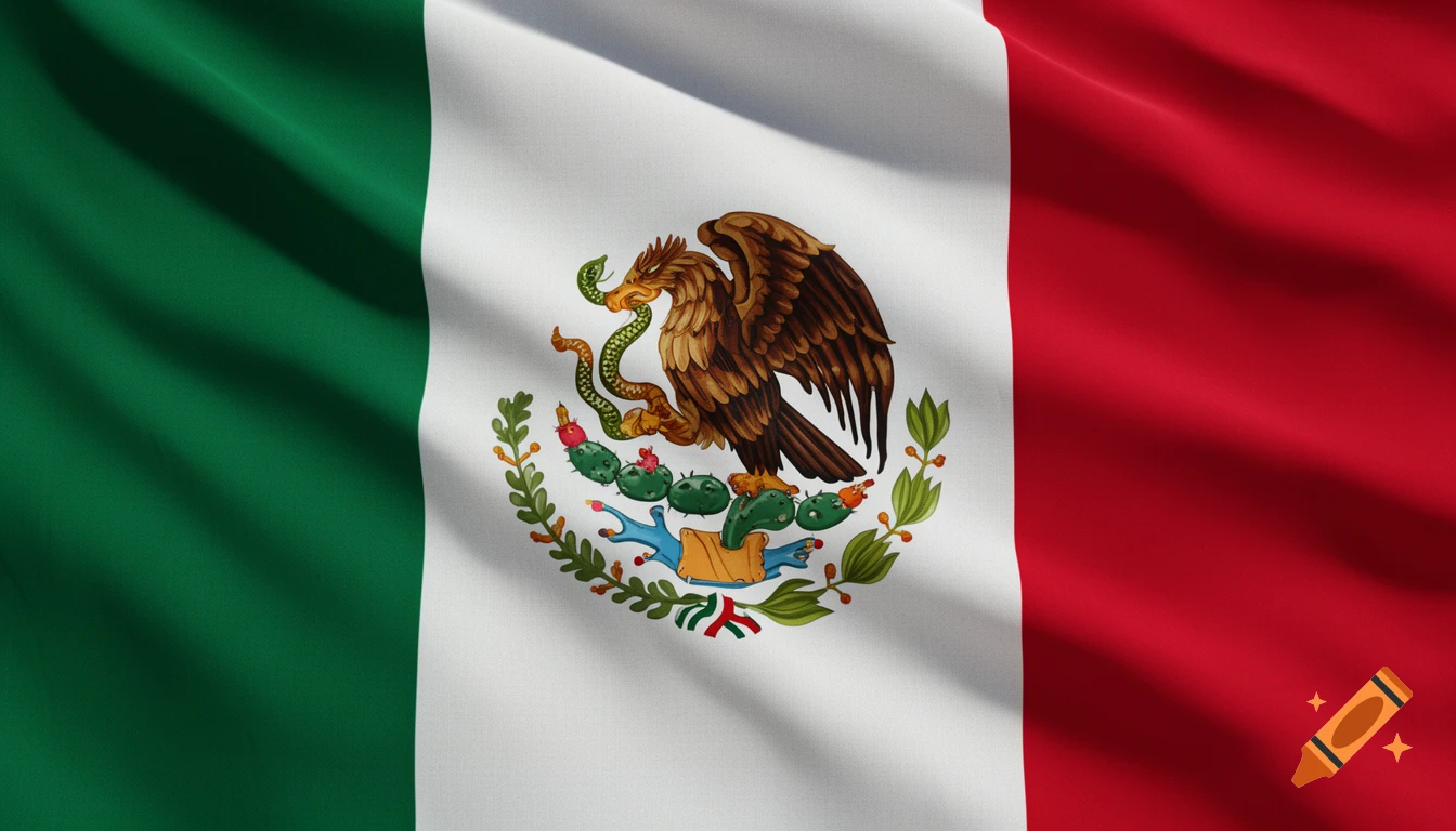 Waving Mexican flag with green, white, and red vertical stripes and the national coat of arms in the center.