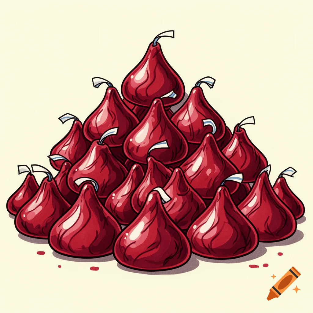 A marker 2D drawing of a pyramid-shaped pile of red Hershey's Kisses chocolates with white plumes.