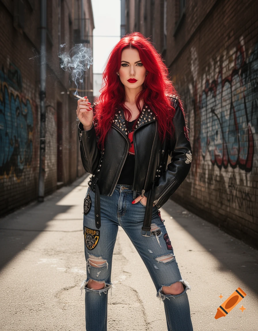 A woman with bright red hair, red lipstick, and a studded leather jacket smokes a cigarette in an urban alleyway.