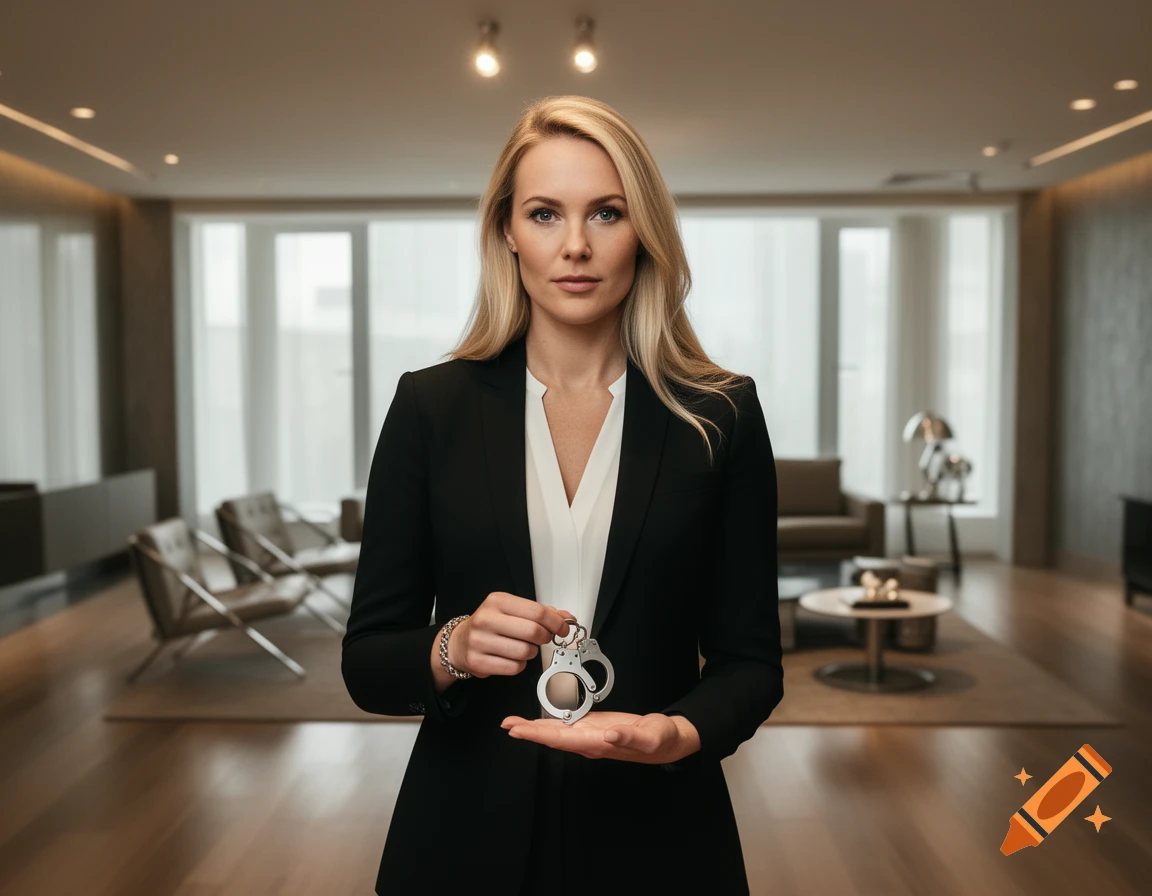 A woman in a business suit stands in a modern office, holding a pair of handcuffs.