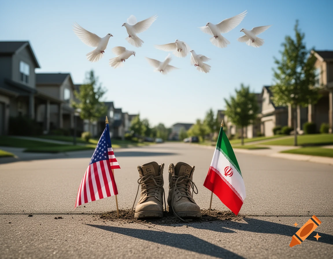 Photorealistic image of military boots, US and Iranian flags on a suburban street with doves flying overhead.