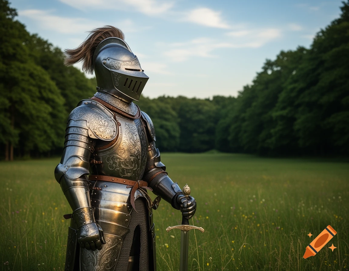 A knight in shining silver and gold ornate plate armor stands in a green, flowery field holding a sword.