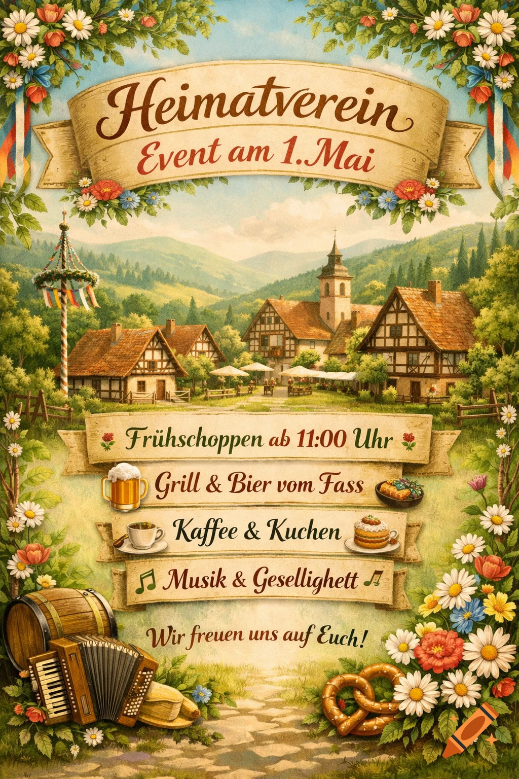 Vintage style flyer for a German May Day event, showing a picturesque village, maypole, accordion, beer mug, pretzel, and detailed text.