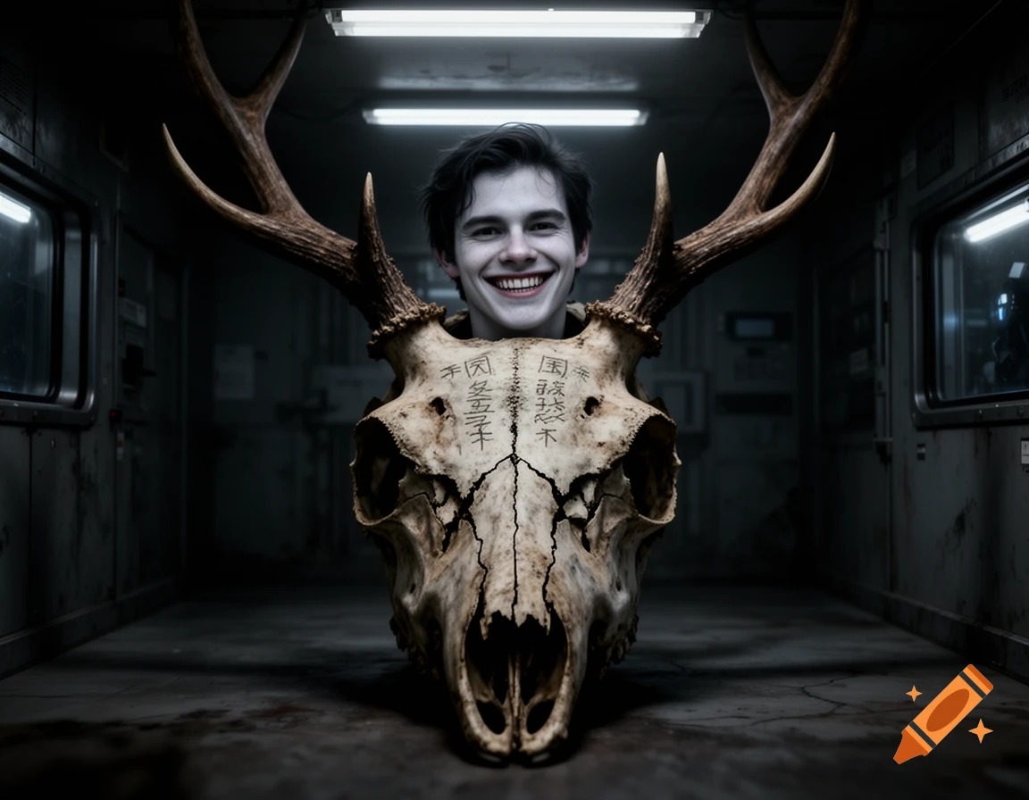 A grinning man's head emerges from the eye socket of a large, cracked deer skull with antlers, in a dark, mysterious room.