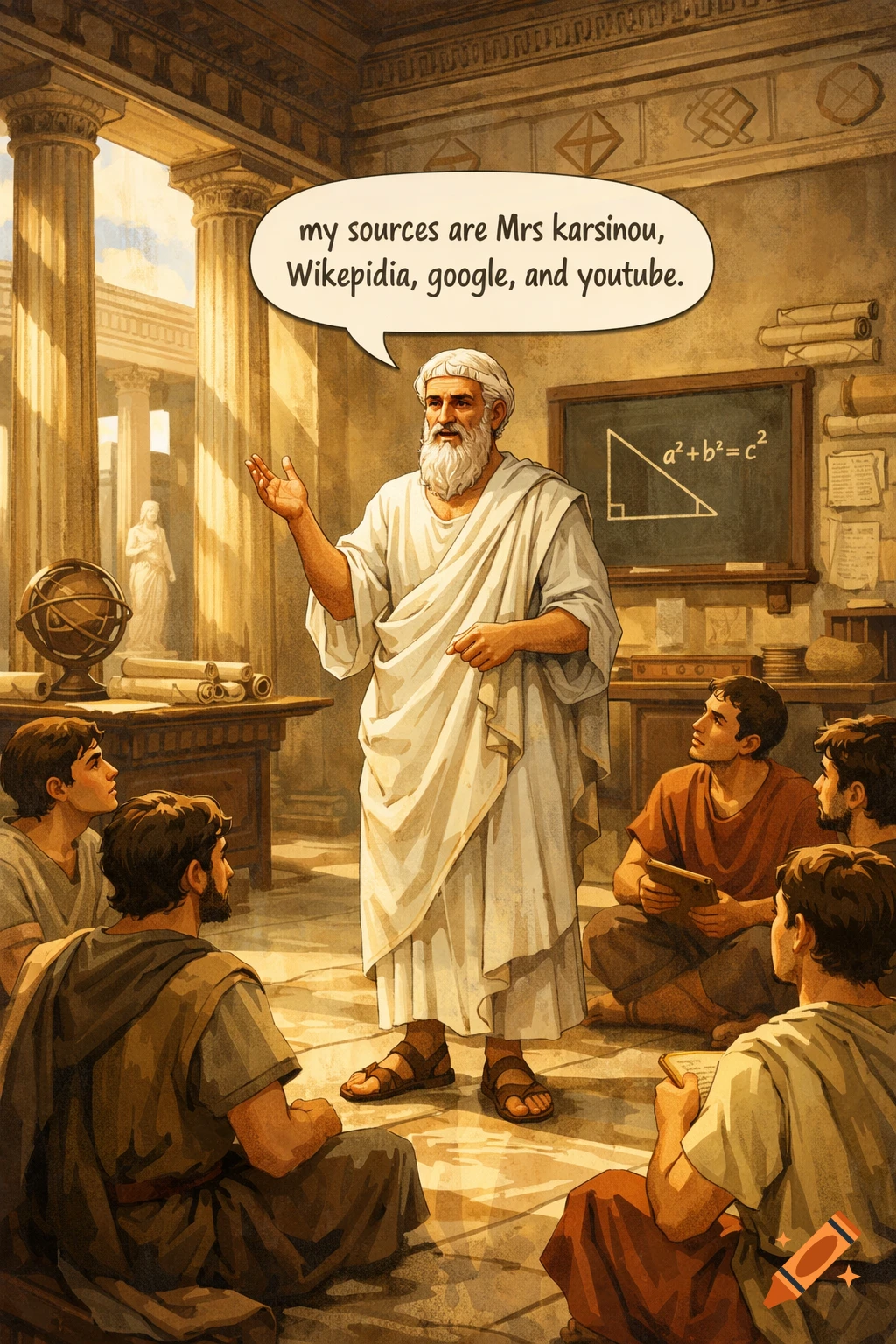An ancient Greek philosopher, resembling Pythagoras, speaks to his pupils in a sunlit classical hall. A speech bubble reads, "my sources are Mrs karsinou, Wikepidia, google, and youtube." The Pythagorean theorem is on a blackboard.