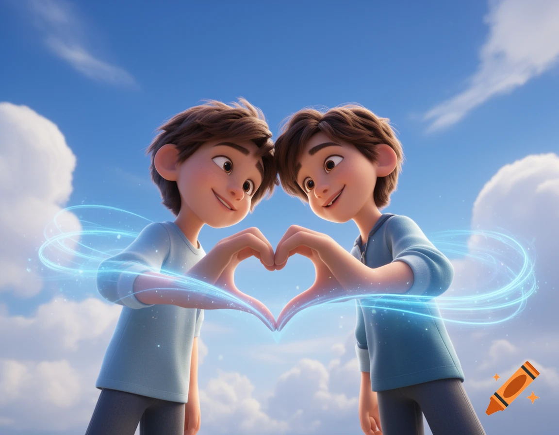 Two animated boys form a heart with their hands, surrounded by glowing blue light against a blue sky, in Pixar/Disney style.