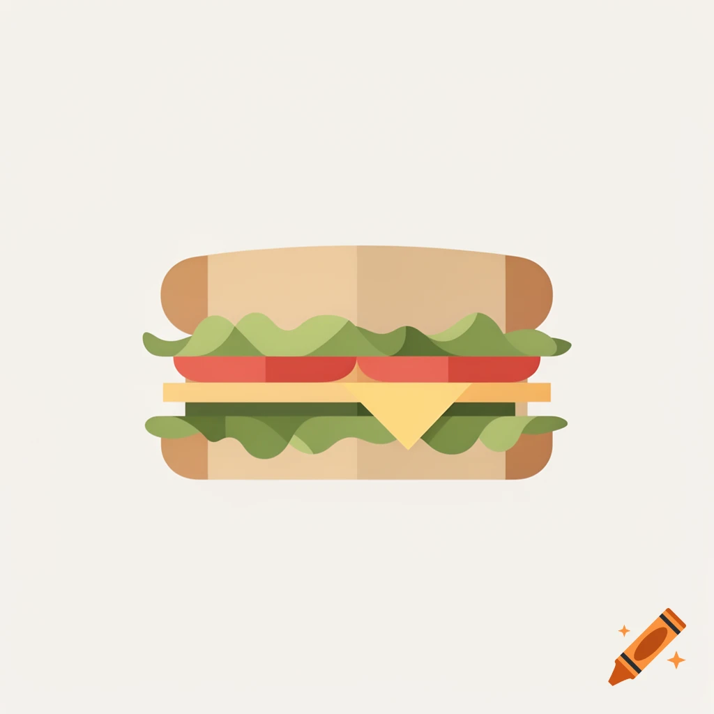 A flat, minimalist pictogram of a sandwich with lettuce, tomato, and cheese on a light background.