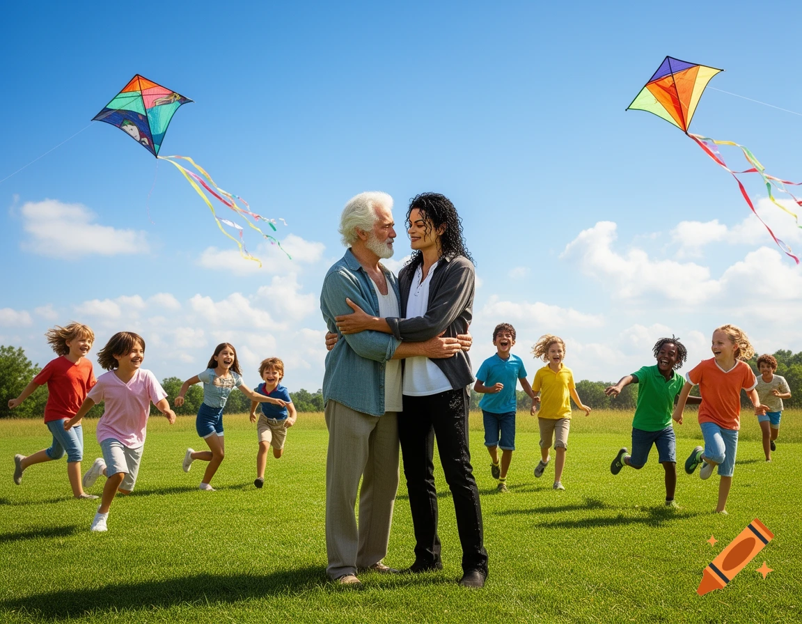 A man and a woman embrace in a sunny green field while children run and play with colorful kites in the background.