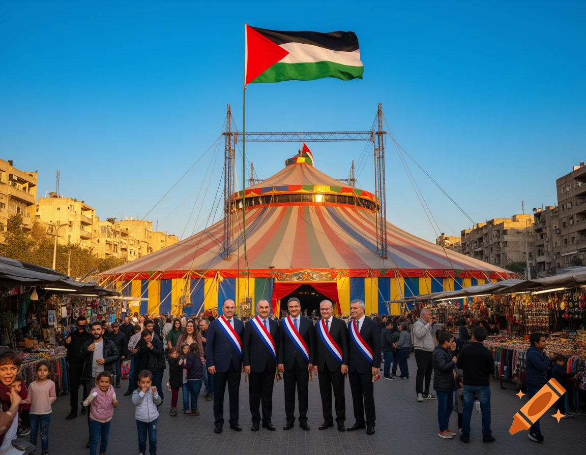 A large colorful circus tent stands under a Palestinian flag, with a bustling market and politicians wearing tricolor sashes in the foreground.