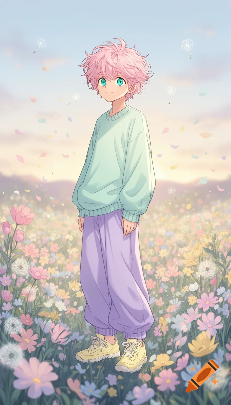 A smiling anime boy with pink hair and teal eyes stands in a pastel flower field under a soft sky.