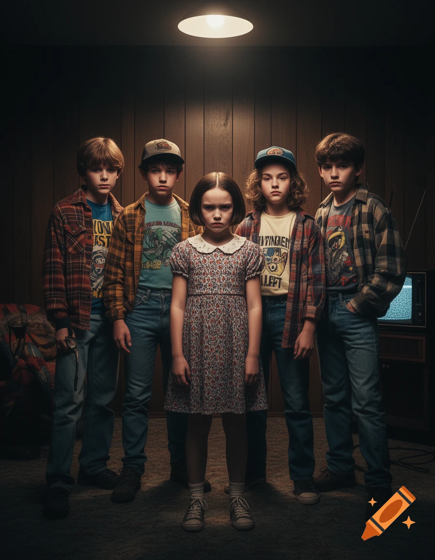 Five children, four boys and one girl, stand sternly in a dimly lit, wood-paneled room with an old TV, reminiscent of Stranger Things. The central girl wears a floral dress, while the boys wear plaid shirts over t-shirts and jeans.