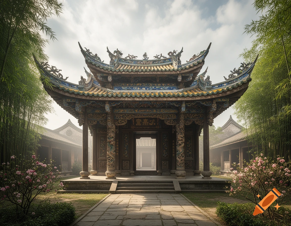 An ancient Chinese-style pavilion with ornate roofs and carvings, set amidst lush bamboo groves and pink flowering bushes under a cloudy sky.