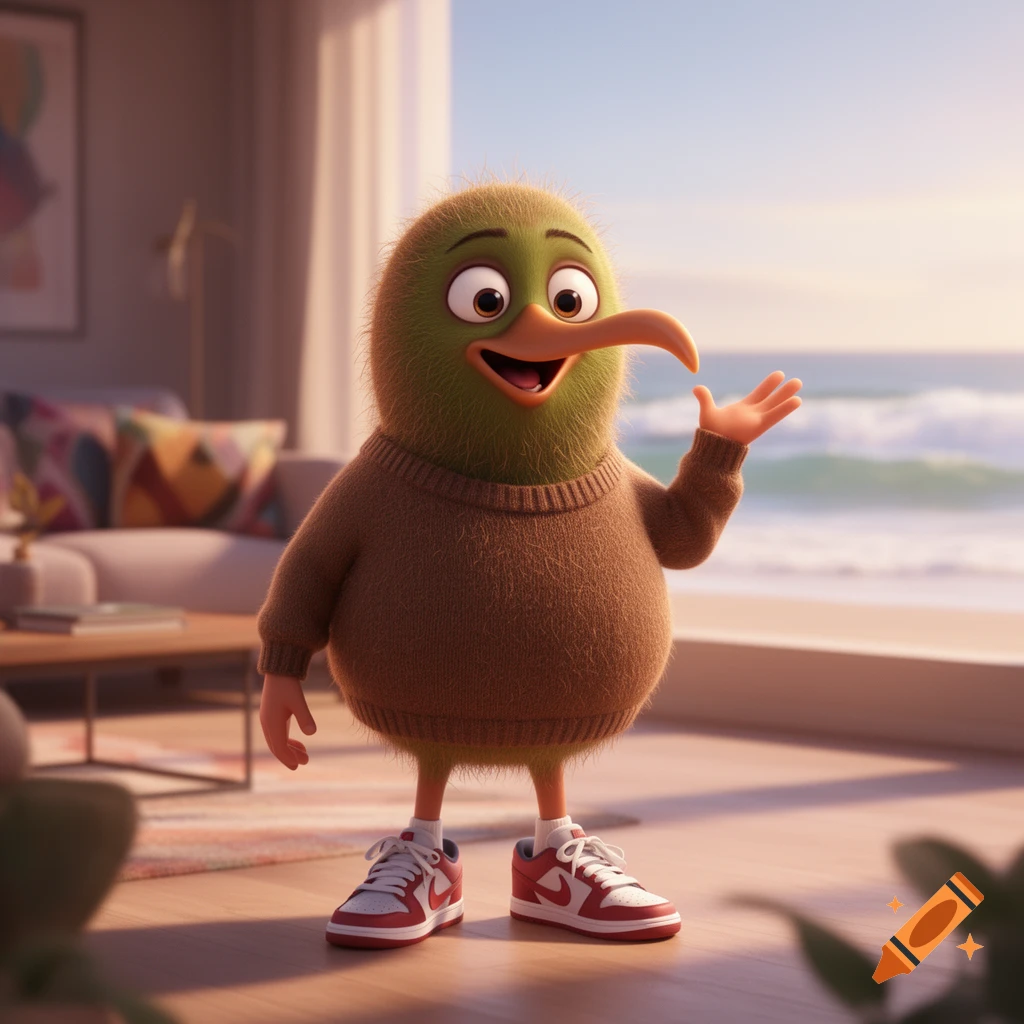 A cute, furry, anthropomorphic kiwi bird wearing a brown sweater and red and white sneakers waves in a bright room with an ocean view.