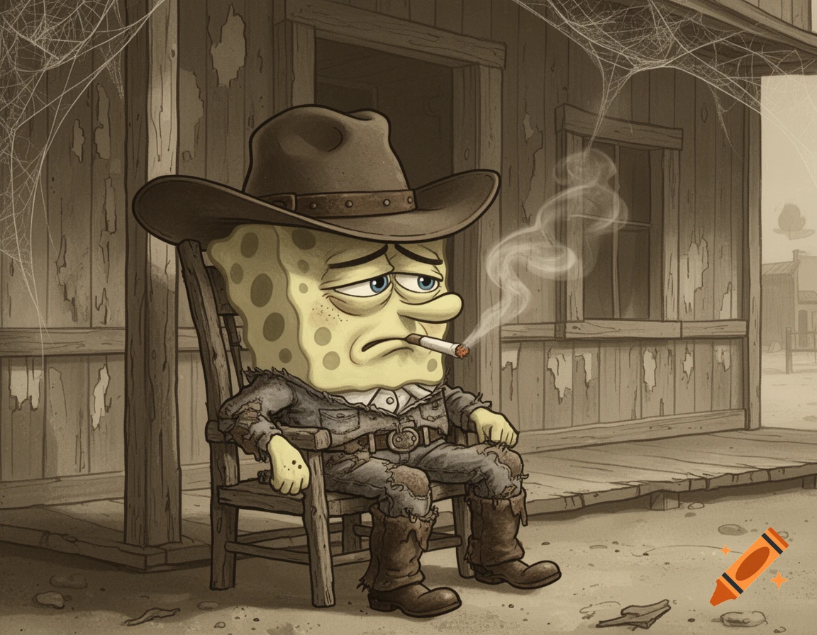 Illustrated Spongebob as a sad, dirty cowboy in a stetson hat, smoking a cigarette while sitting in a dilapidated wooden chair.
