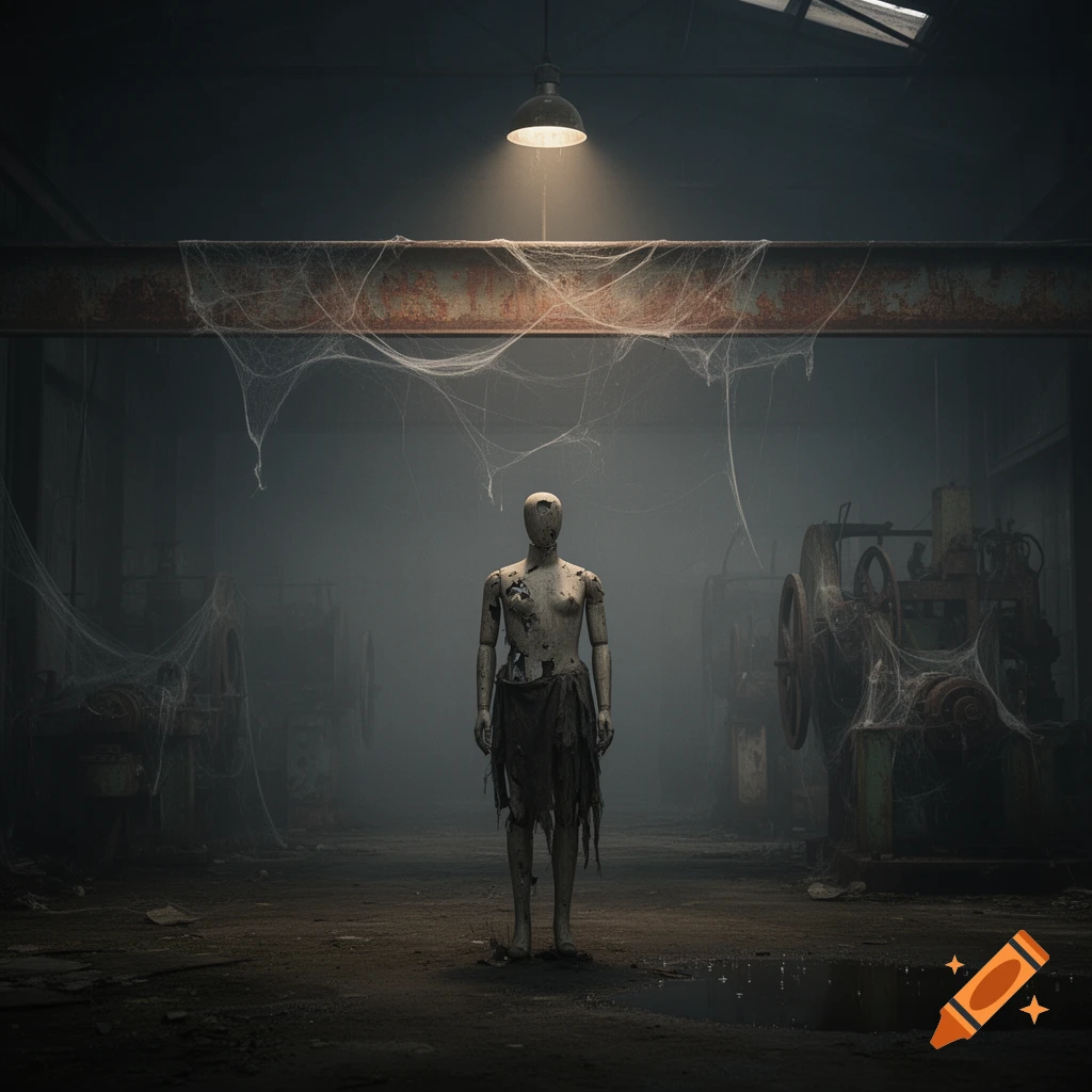 A tattered, broken mannequin stands under a single spotlight in a dusty, cobweb-filled abandoned factory, bathed in mist.