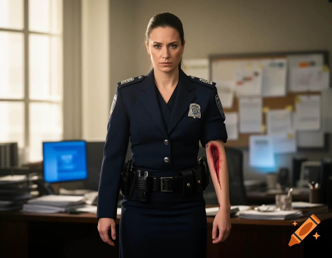 A serious-looking policewoman with a large, bleeding gash on her forearm stands in an office.
