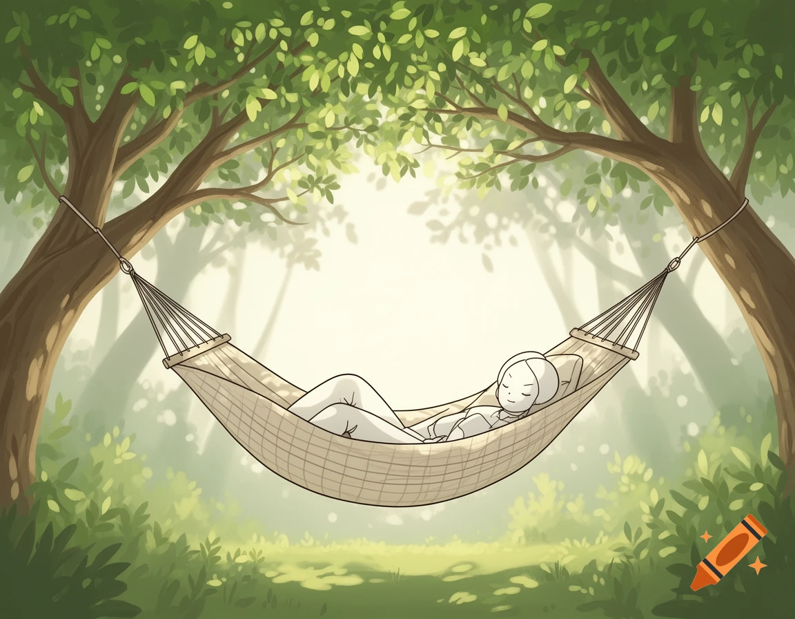 A minimalist person sleeps peacefully in a hammock strung between two trees in a lush, green forest illustration.