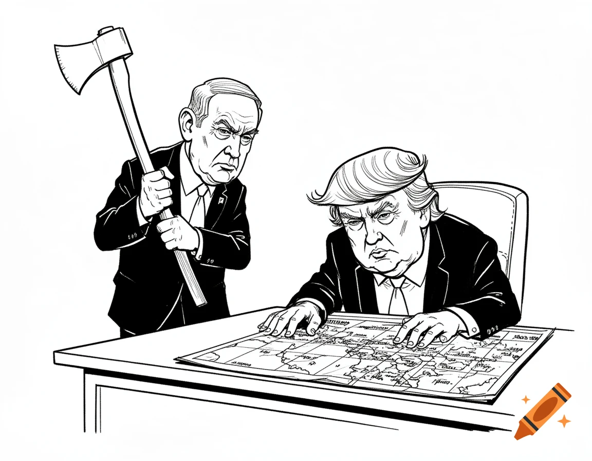 A black and white political cartoon shows Netanyahu holding an axe over Trump, who is seated at a desk with a map.