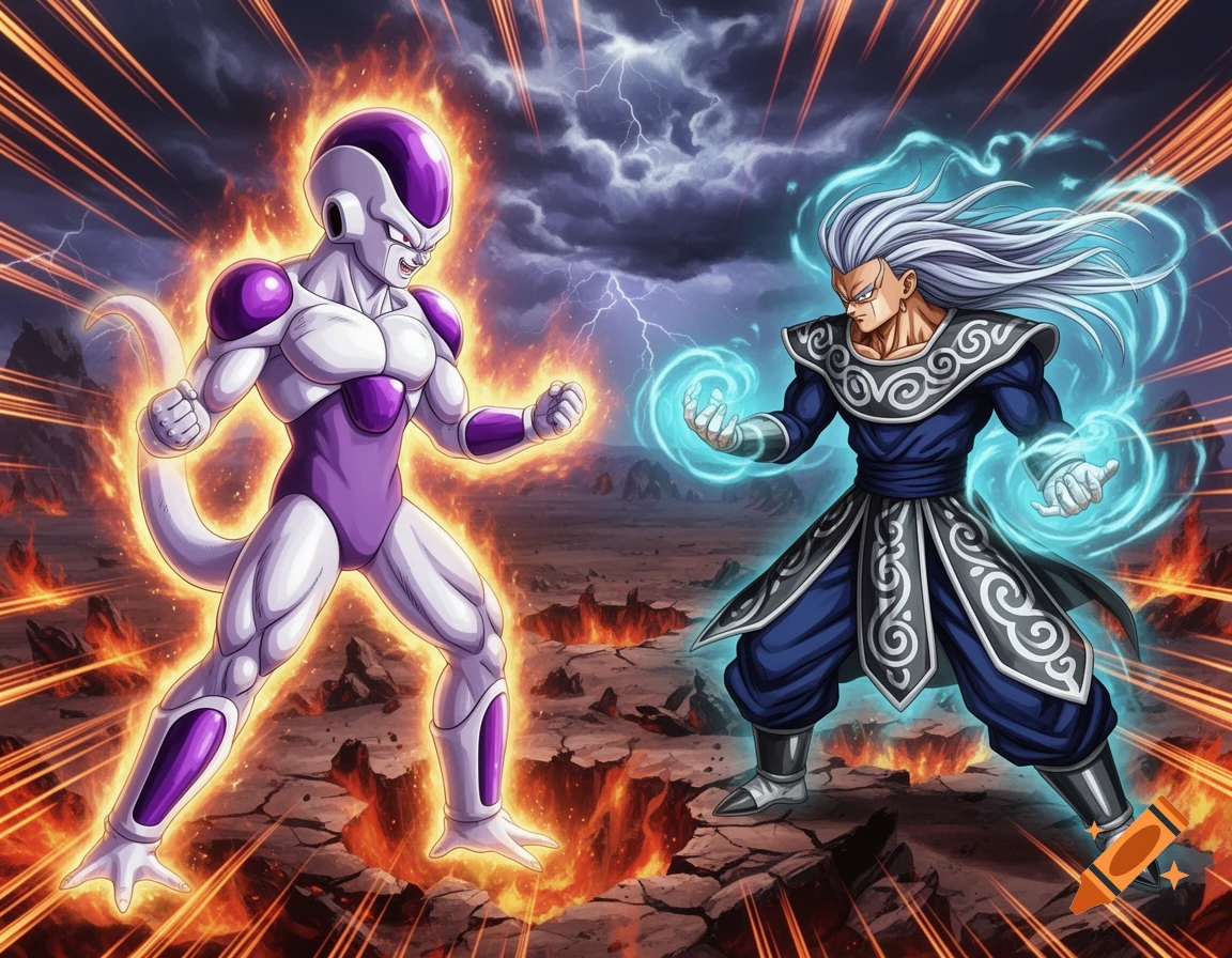 Frieza and a long-haired warrior face off in a dramatic anime-style battle scene amidst fire and lightning.