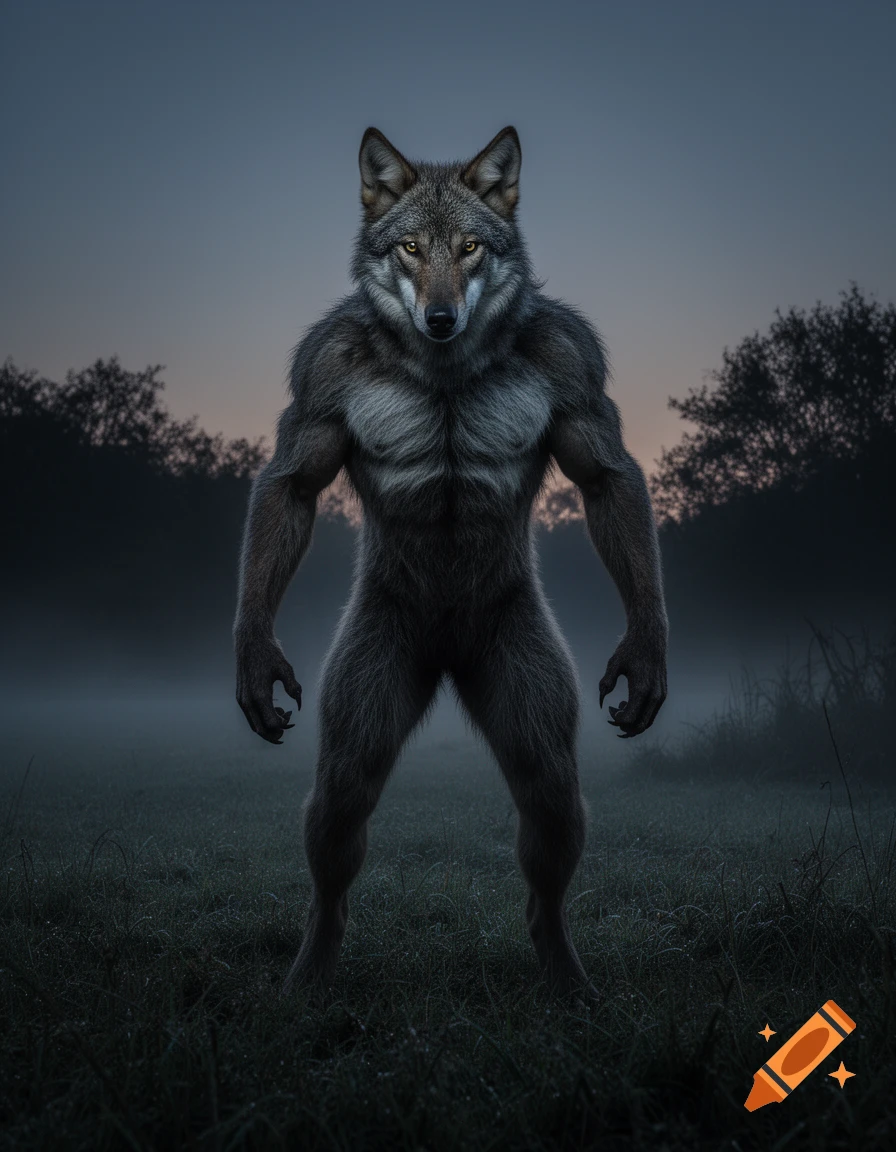 A photorealistic muscular werewolf stands in a foggy field at dusk, with trees in the background.