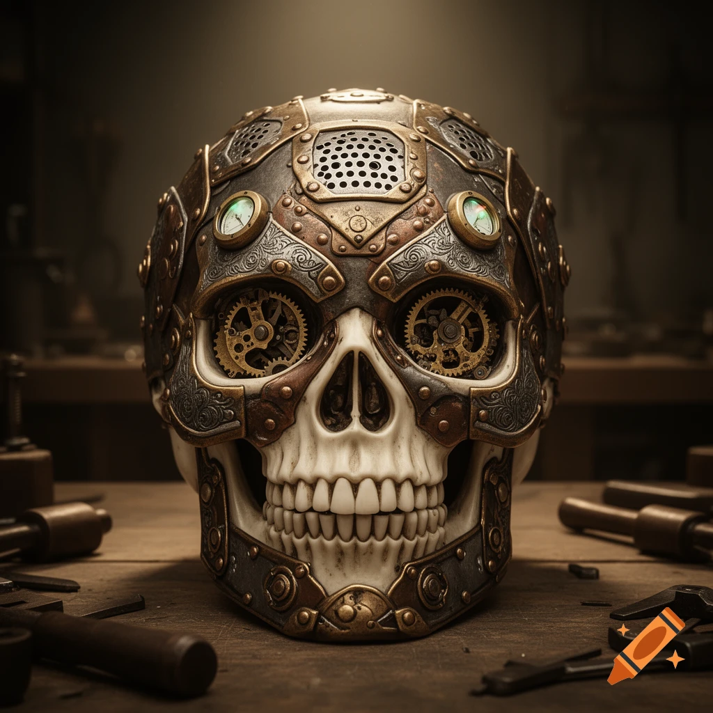 A detailed photorealistic steampunk skull with intricate metal plating, gears in the eye sockets, on a wooden workbench.