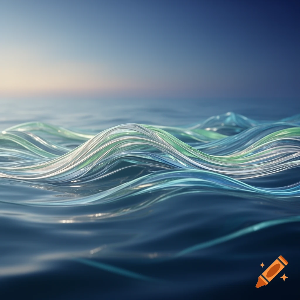 Close-up of translucent, flowing waves in shades of blue and green, with a blurred horizon and sky in the background.