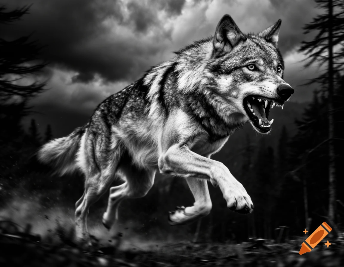 A black and white image of a muscular, fierce wolf leaping with its mouth open and teeth bared through a dark, cloudy forest.