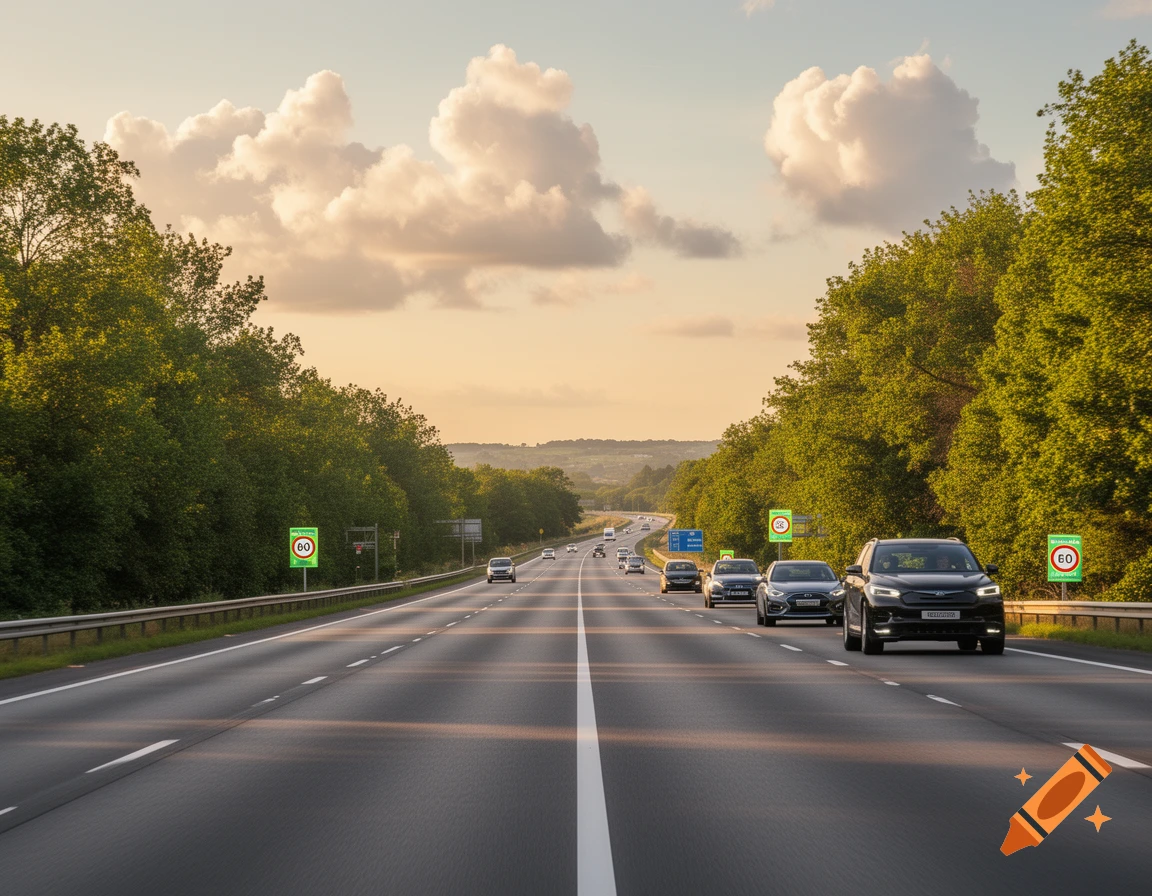 A busy highway stretches into the distance, flanked by lush green trees under a sky with fluffy clouds. Several cars drive on the multi-lane road.