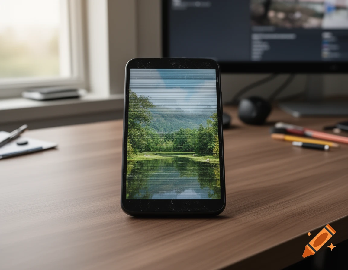 A black smartphone on a wooden desk shows a glitching image of a lake and forest. A window and monitor are in the blurred background.