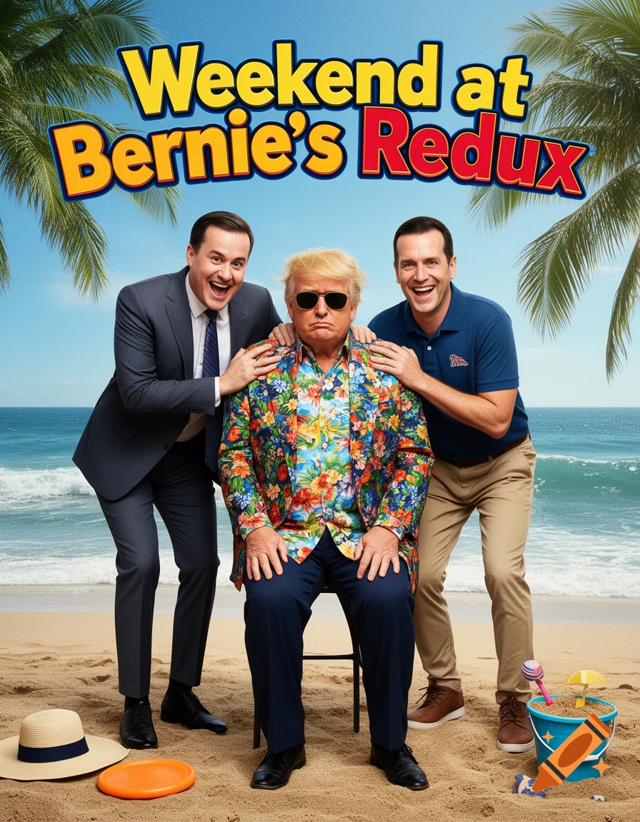 A parody movie poster for "Weekend at Bernie's Redux" featuring Donald Trump seated on a beach chair, supported by two smiling men.