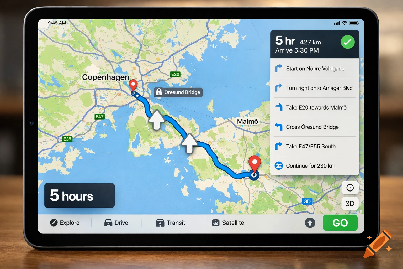 A tablet displaying an Apple Maps route from Copenhagen to Malmö, showing a 5-hour journey and directions.