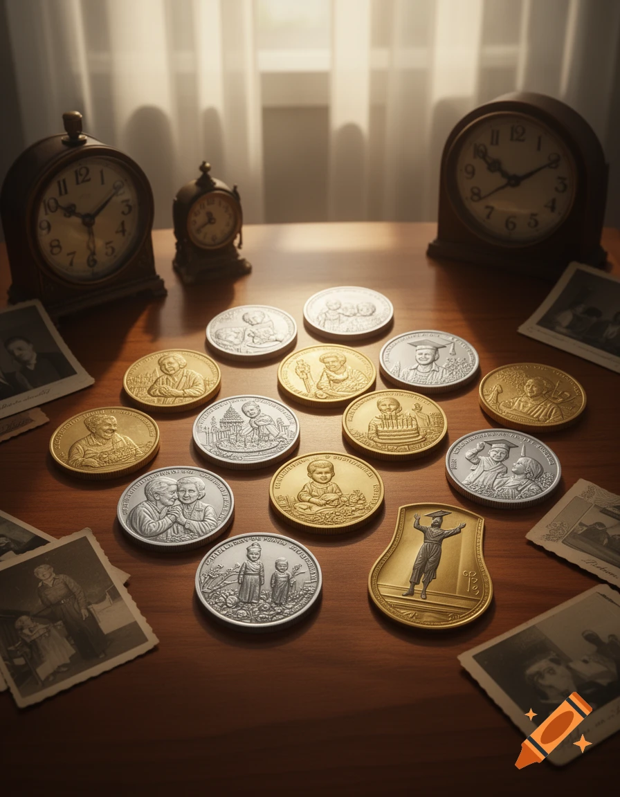 A still life of gold and silver commemorative coins scattered on a wooden table, surrounded by old black and white photographs and antique clocks in the background.