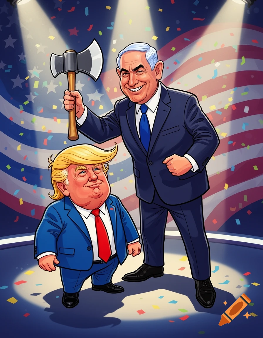 Cartoon caricatures of a smiling Benjamin Netanyahu holding an axe over a small Donald Trump on a stage with an American flag background and confetti.