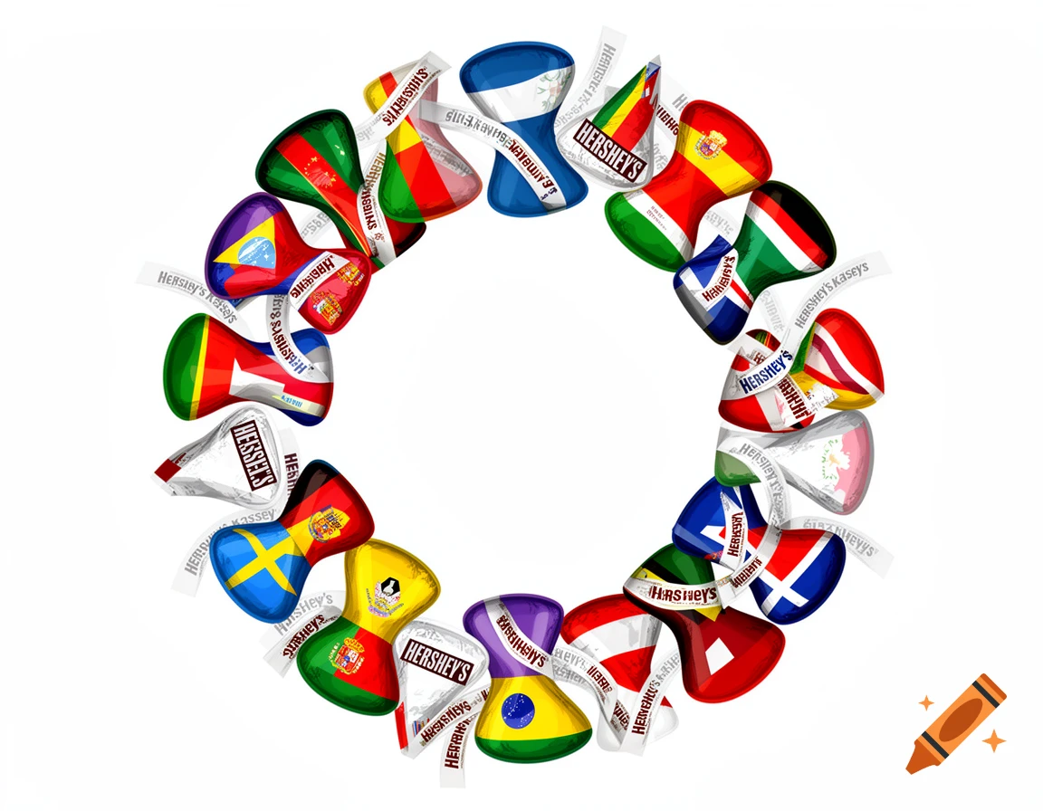 A circular arrangement of colorful Hershey's Kisses, each wrapper adorned with a different national flag.