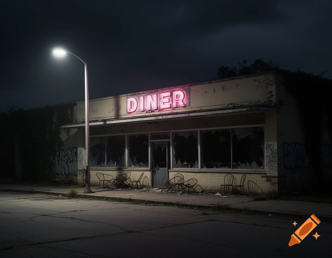 Abandoned diner at night with a glowing neon sign, broken windows, and a street lamp.