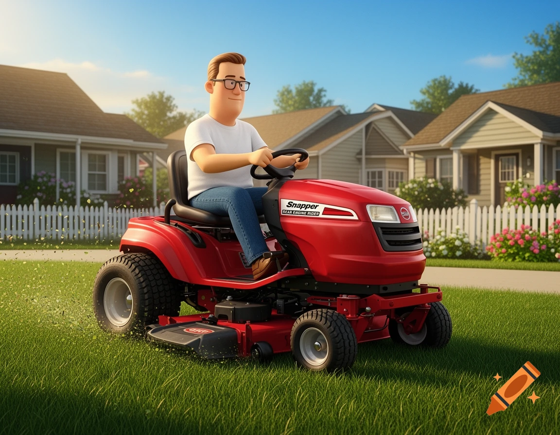 3D animated Hank Hill drives a red Snapper riding lawn mower on a green lawn in a suburban neighborhood.