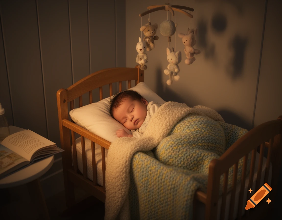 A sleeping baby in a wooden crib under a mobile with stuffed animals, next to a nightstand with an open book.