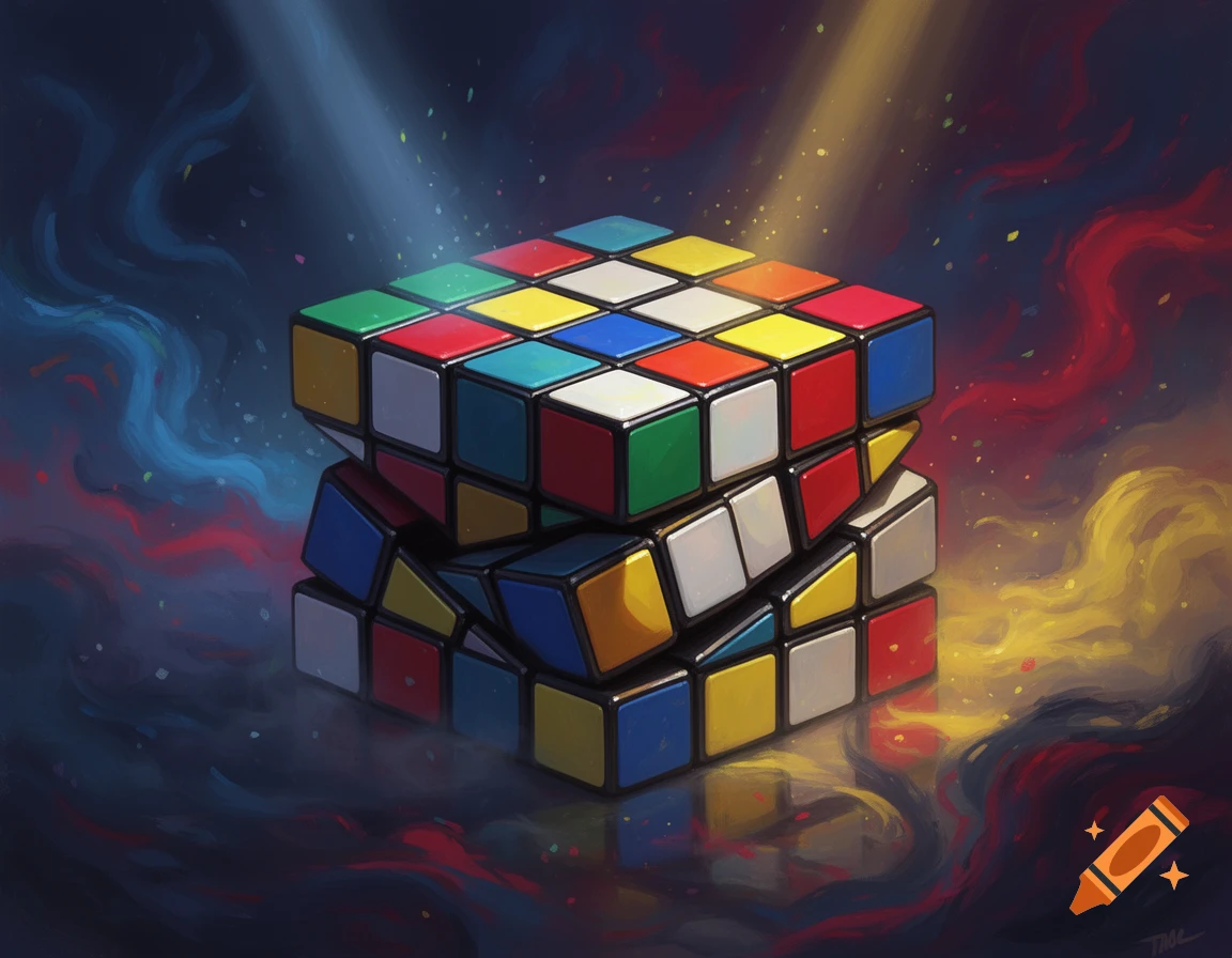 A vibrant, deconstructed Rubik's cube with glowing light rays against a dark, swirling abstract background in a painterly style.