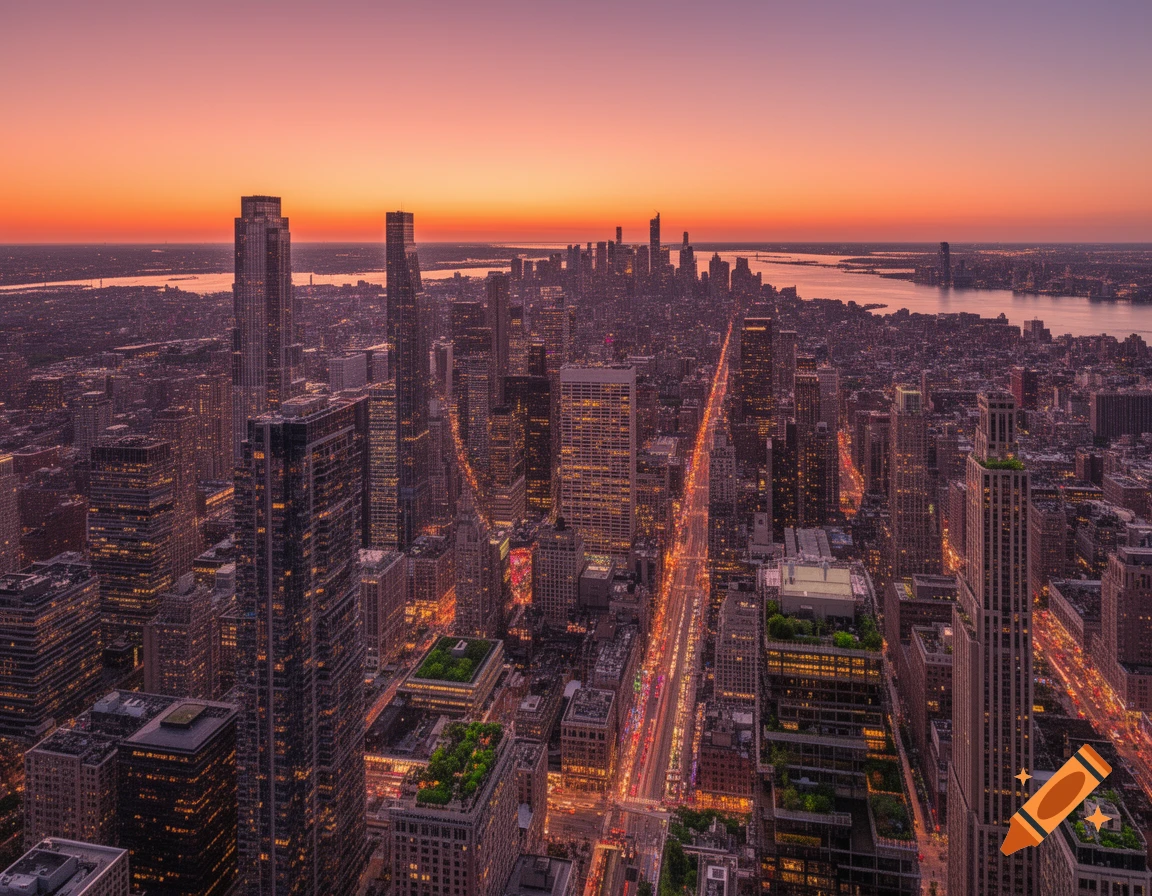 Aerial view of a vast cityscape at sunset, with numerous skyscrapers ...