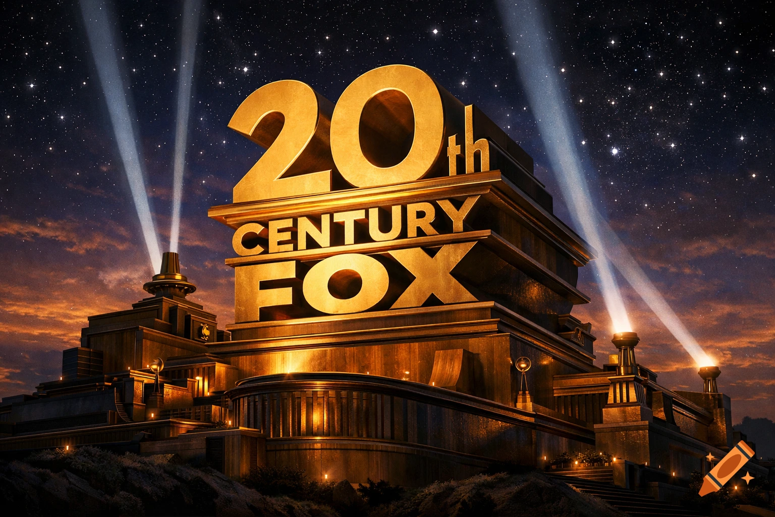 A golden 20th Century Fox-style logo atop a monumental building, lit by searchlights against a starry twilight sky.