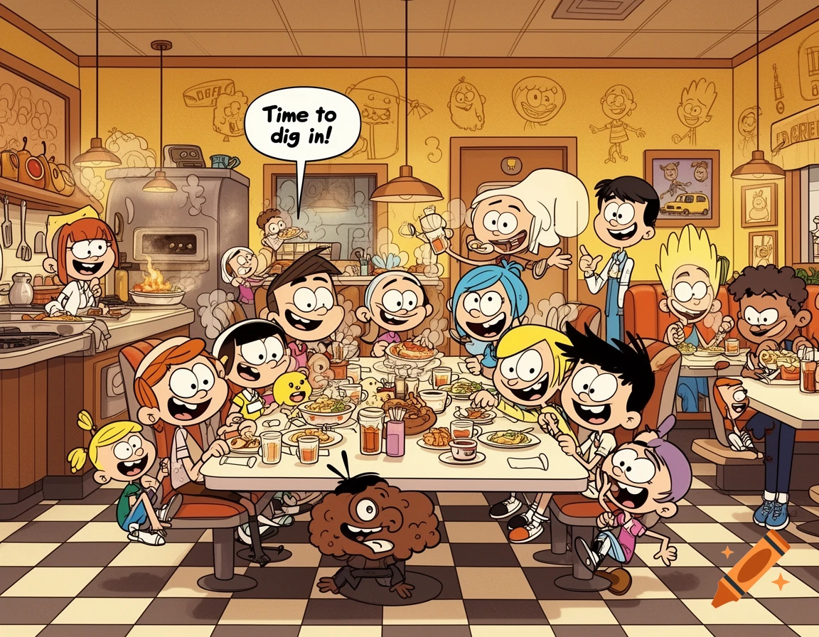 A large cartoon family, in The Loud House style, gathers happily around a table in a bustling diner, with one saying 'Time to dig in!'.