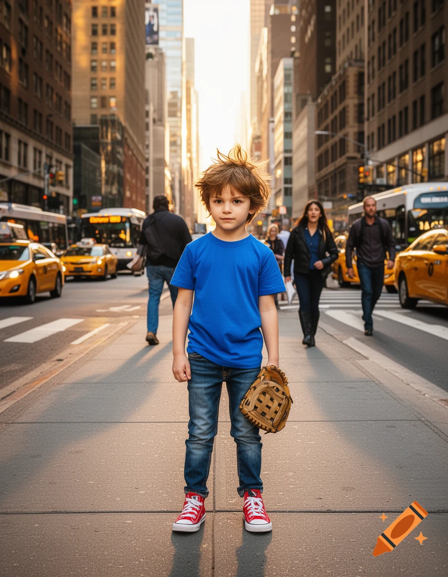 A young boy in a blue t-shirt, jeans, and red sneakers stands in a sunny city street, holding a baseball glove, with buildings and taxis in the background.
