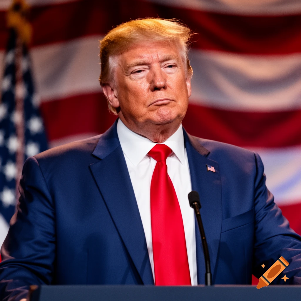 Photorealistic portrait of Donald Trump in a blue suit and red tie, standing in front of an American flag.