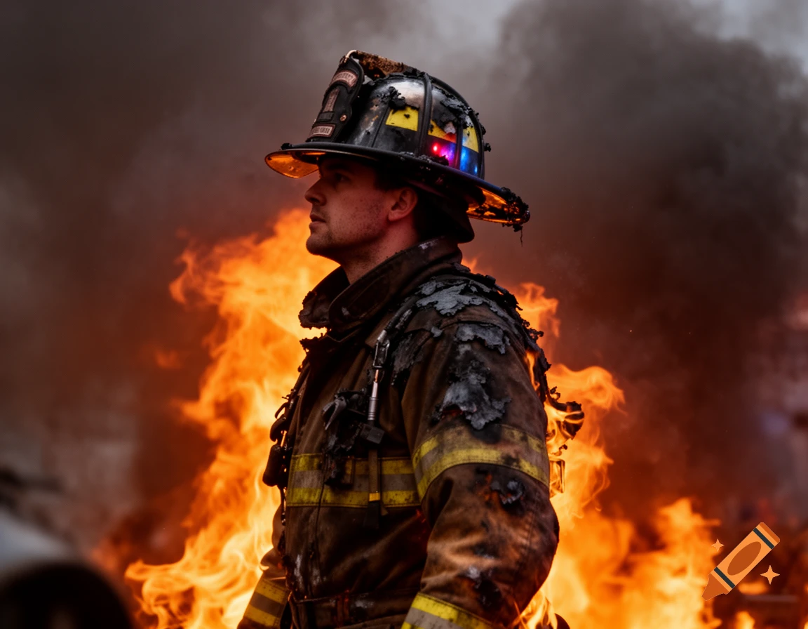 Photorealistic portrait of a firefighter in a burnt uniform, looking left, with large flames and thick smoke behind him.