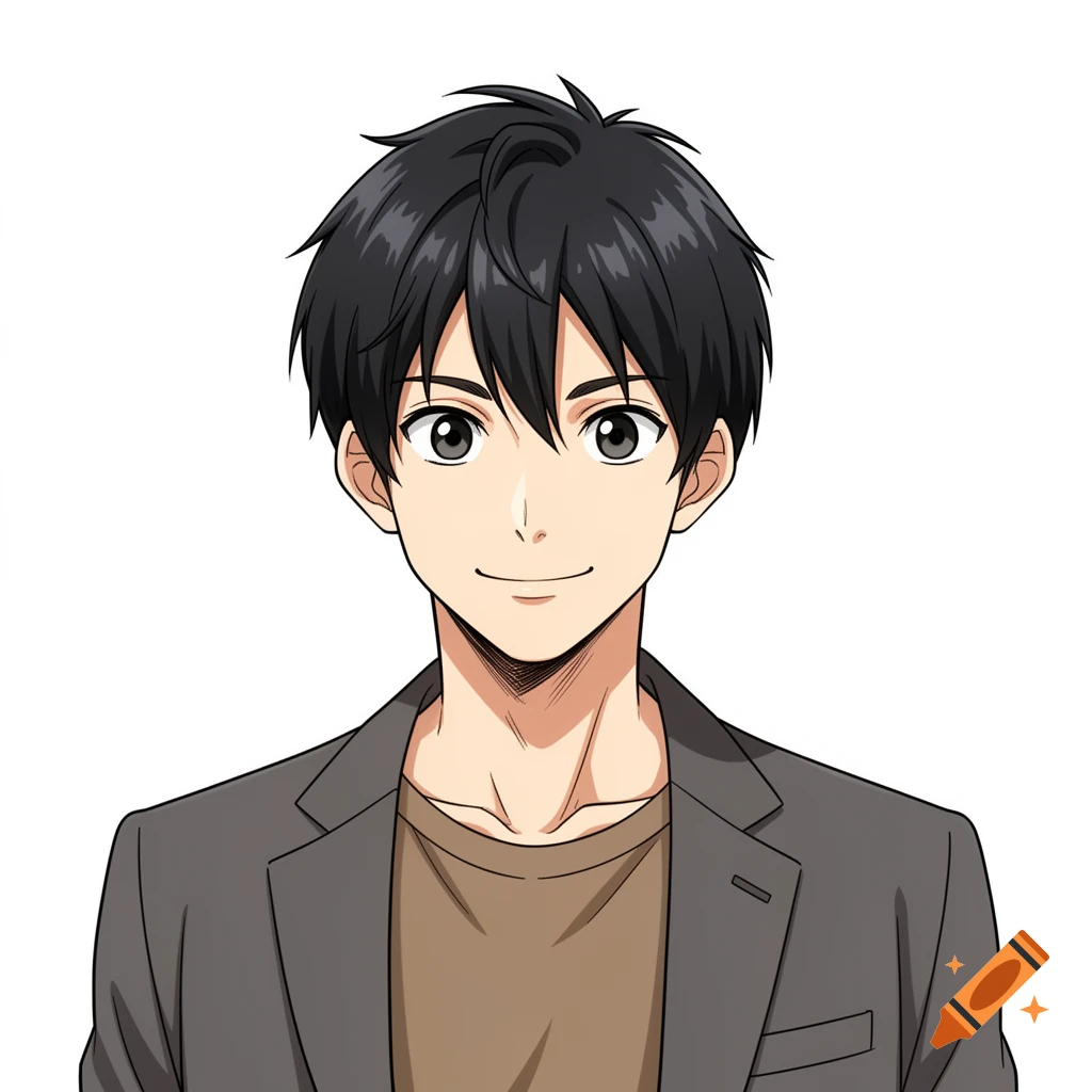 Anime portrait of a young Japanese man with dark hair, a confident smile, wearing a brown shirt and gray blazer, against a white background.